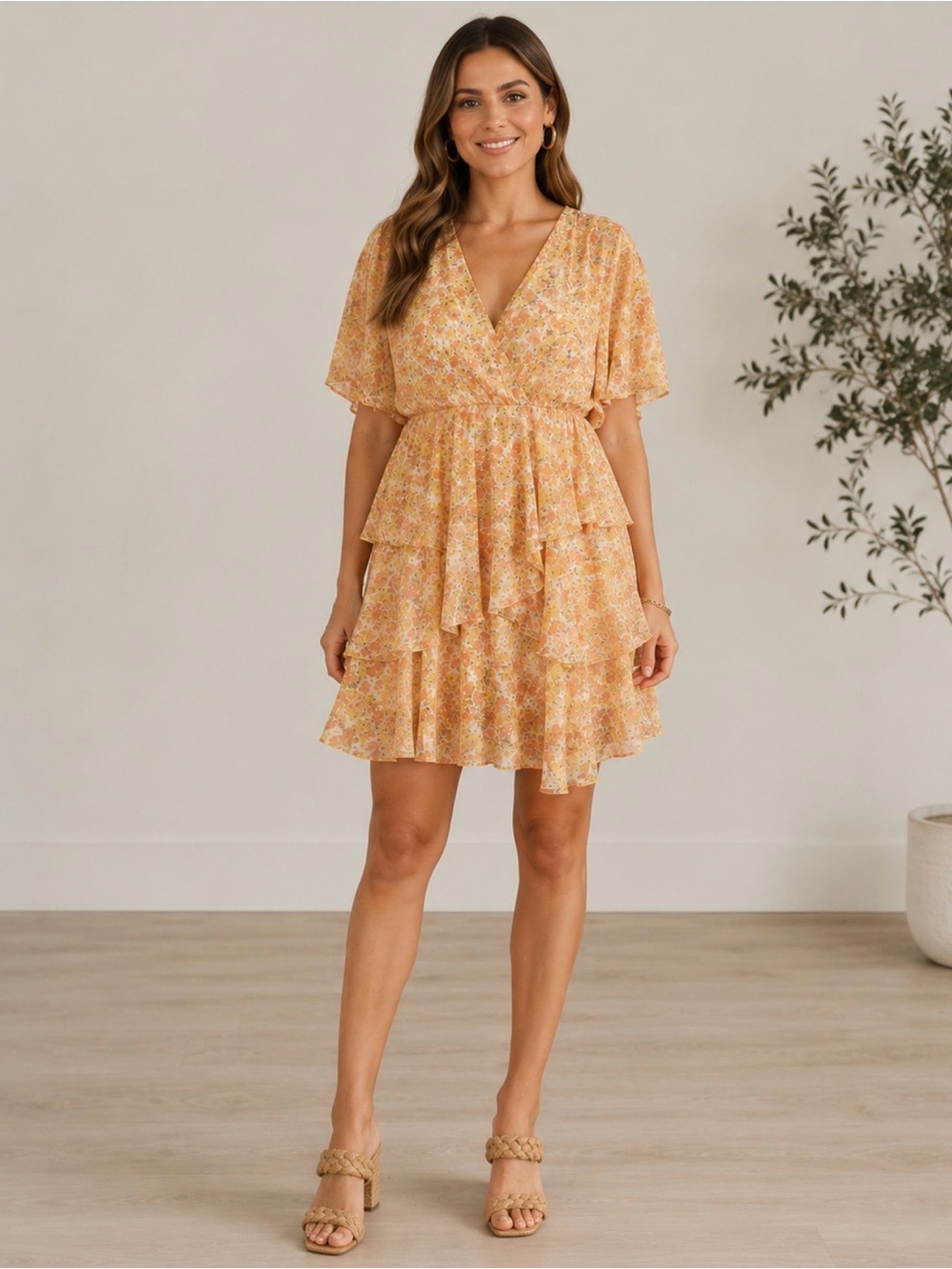 1.State Tiered Layered chiffon yellow floral dress Surplice neckline size L